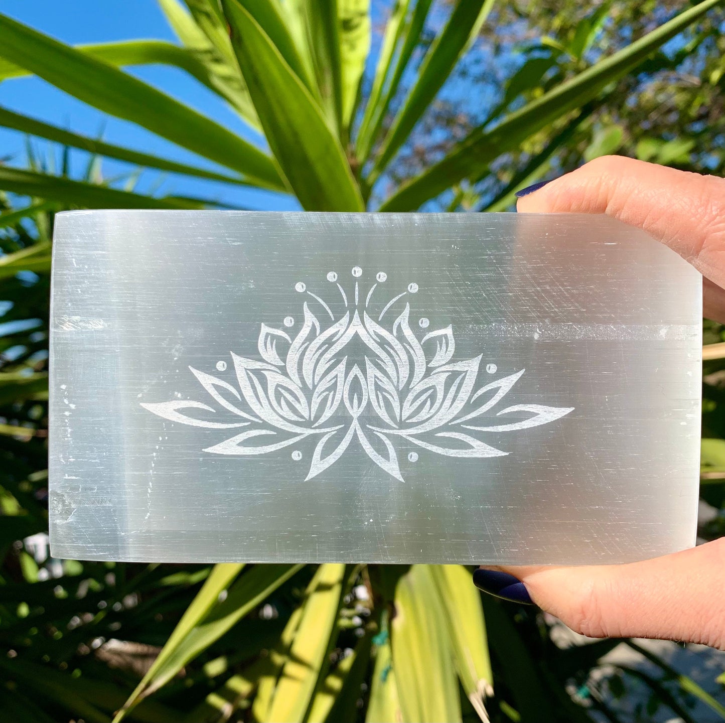 Large Lotus Charging Plate, Etched Selenite Lotus, Large Selenite Rectangle Sacred Symbols, Sacred Space, Energy Clearing