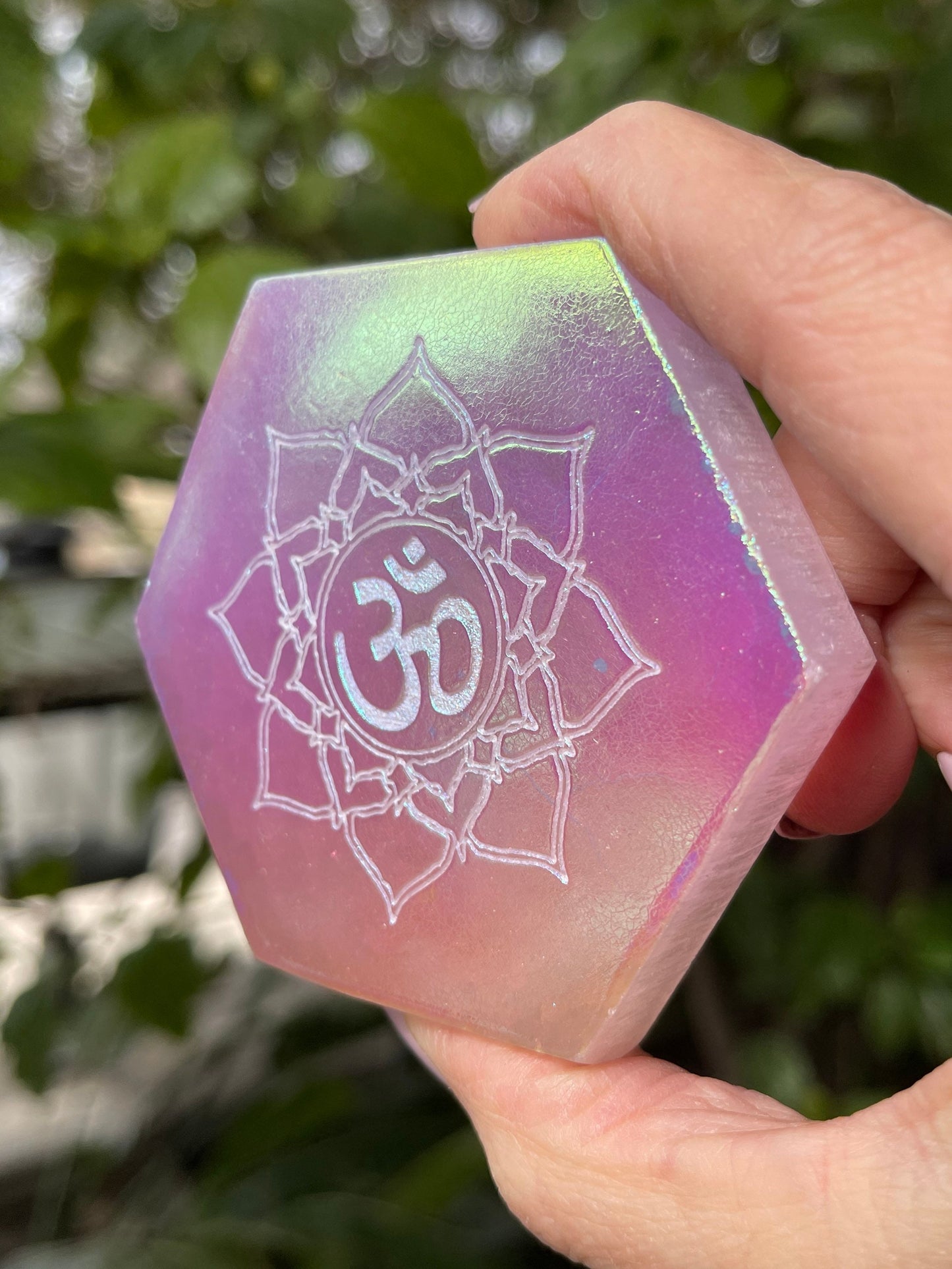 Angel Aura Om Selenite Hexagon, Etched Selenite Om Mandala, Sacred Geometry, Sacred Space, Altar, Metaphysical, Energy Clearing