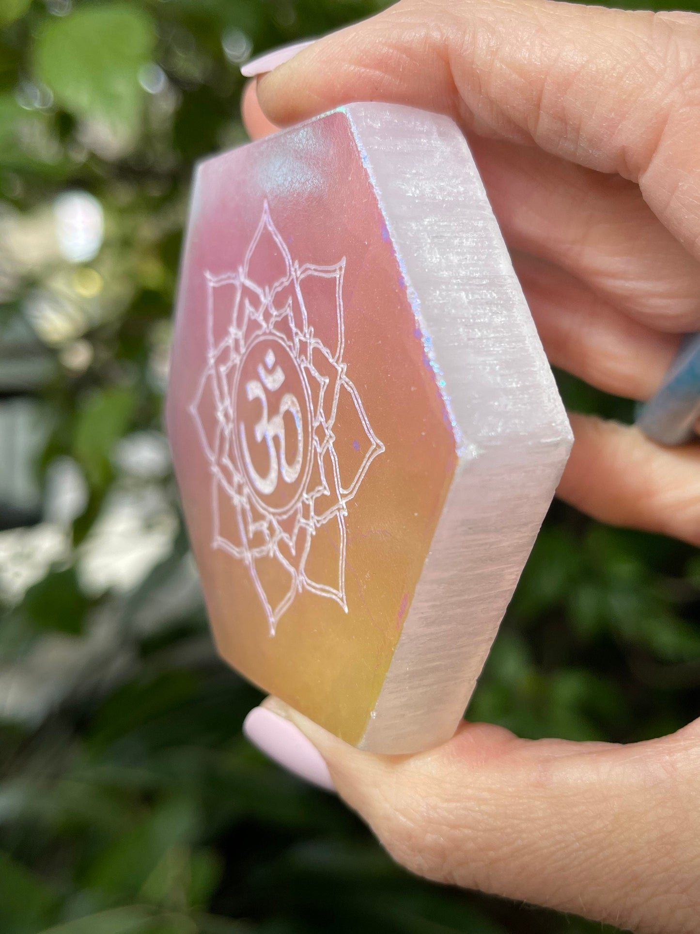 Angel Aura Om Selenite Hexagon, Etched Selenite Om Mandala, Sacred Geometry, Sacred Space, Altar, Metaphysical, Energy Clearing