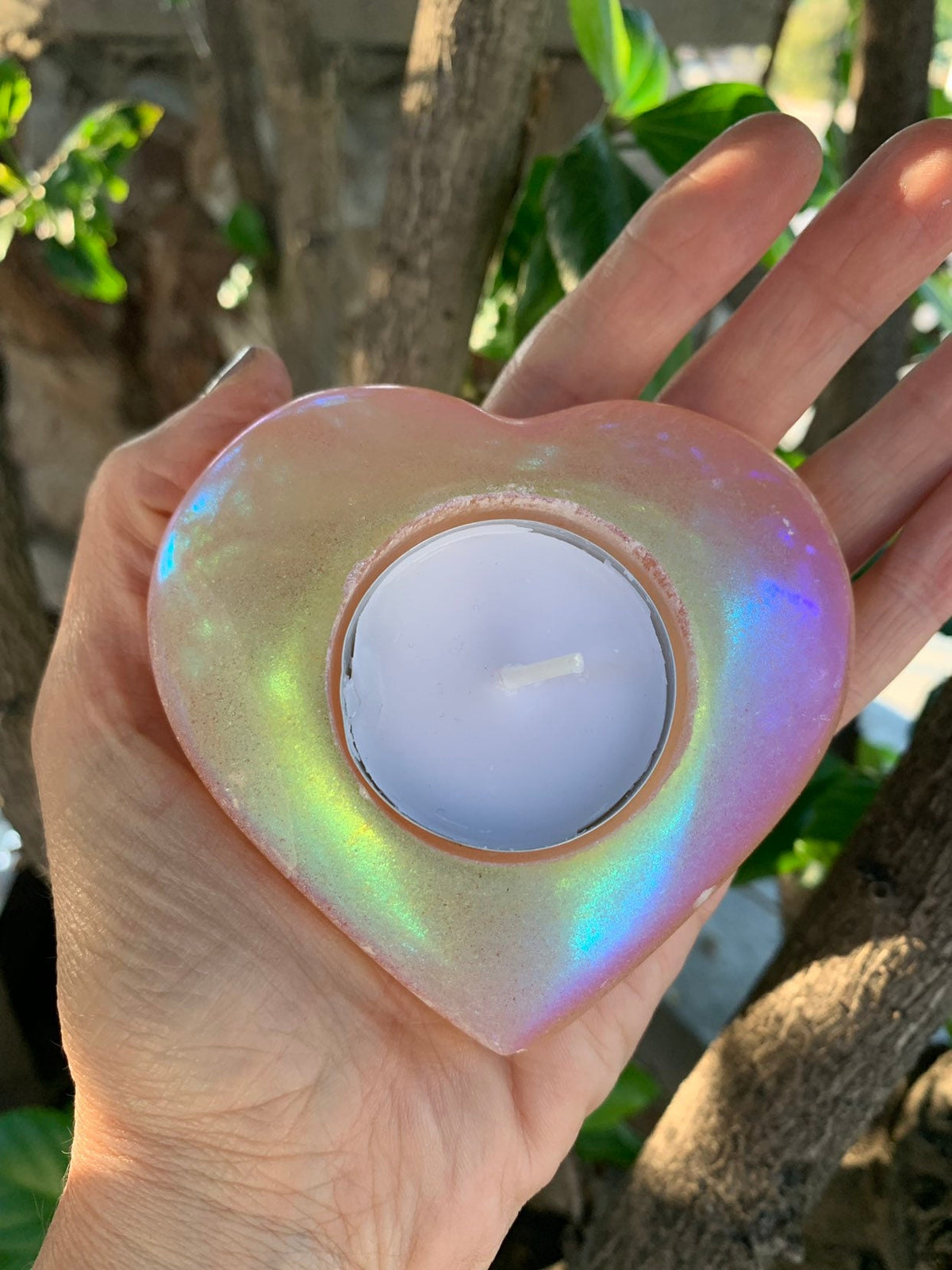 Angel Aura Selenite Heart Candle Holder: Peach Orange Decor