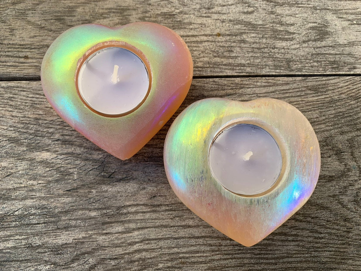 Angel Aura Selenite Heart Candle Holder: Peach Orange Decor