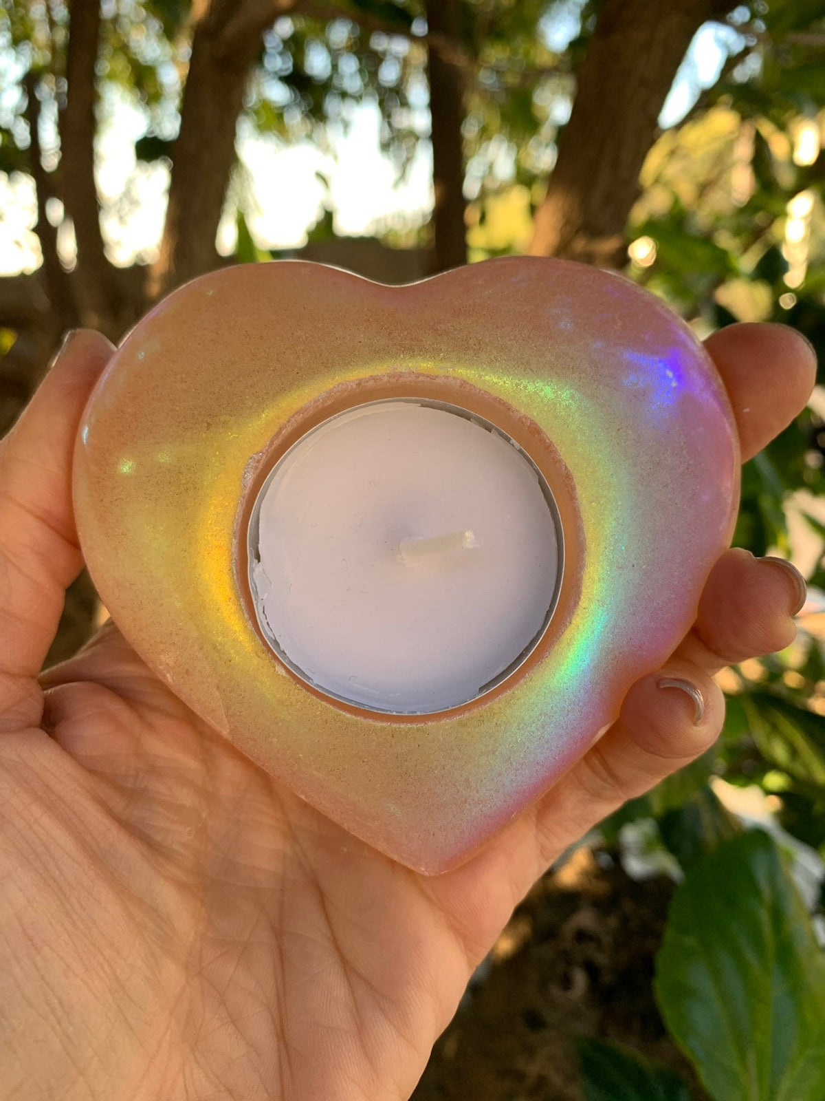 Angel Aura Selenite Heart Candle Holder: Peach Orange Decor