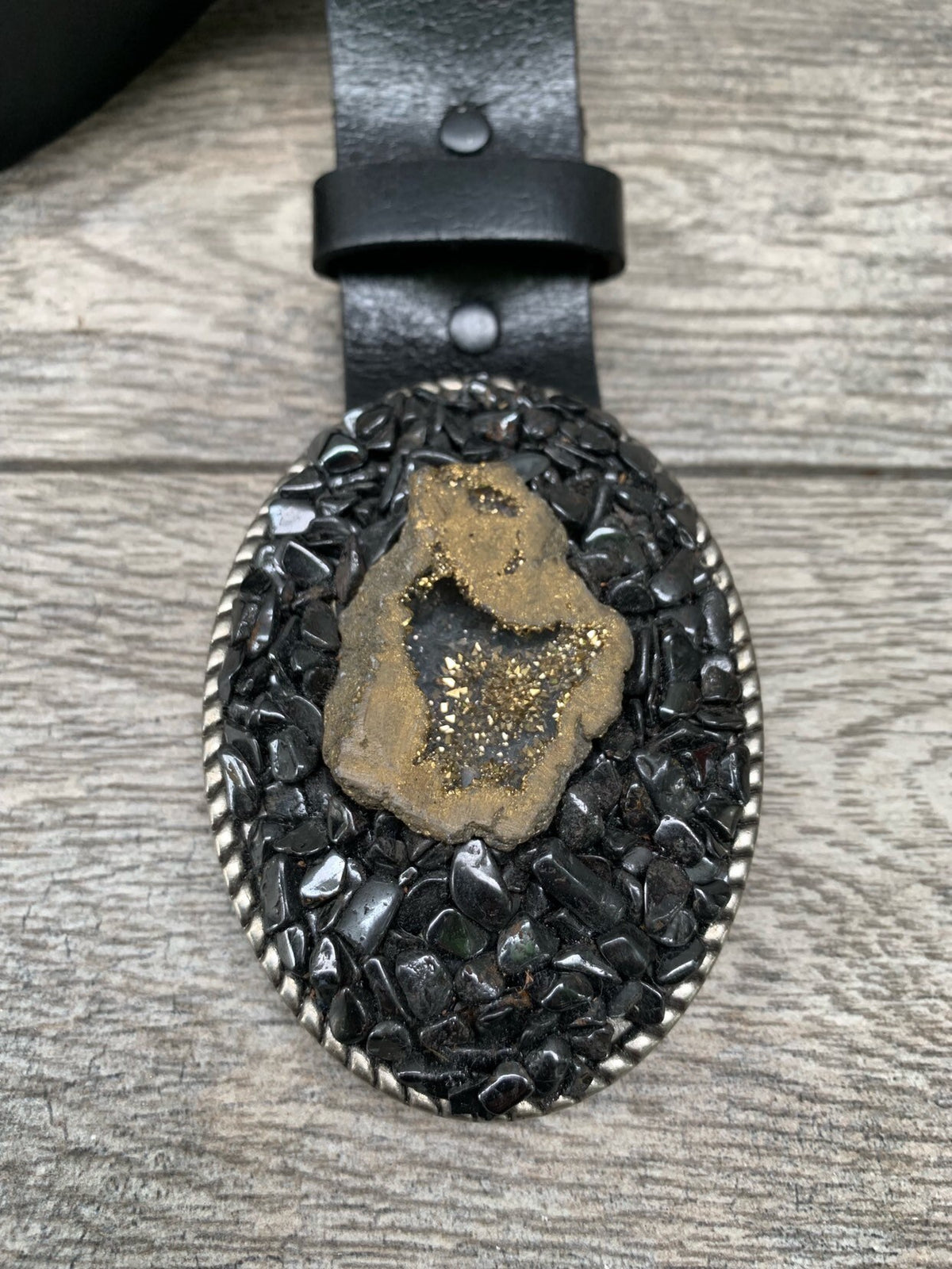 Hematite & Druzy Quartz Belt Buckle: One-of-a-Kind Gemstone Accessory