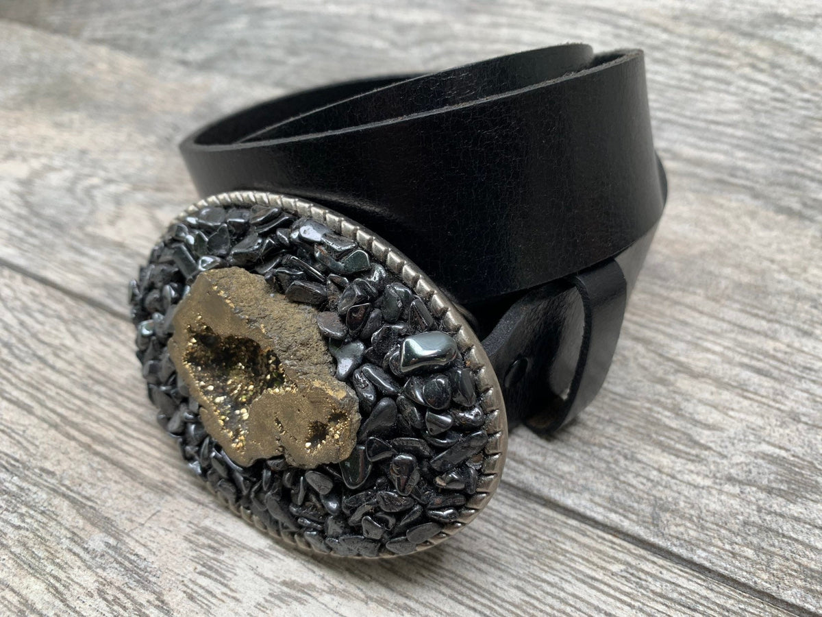 Hematite & Druzy Quartz Belt Buckle: One-of-a-Kind Gemstone Accessory