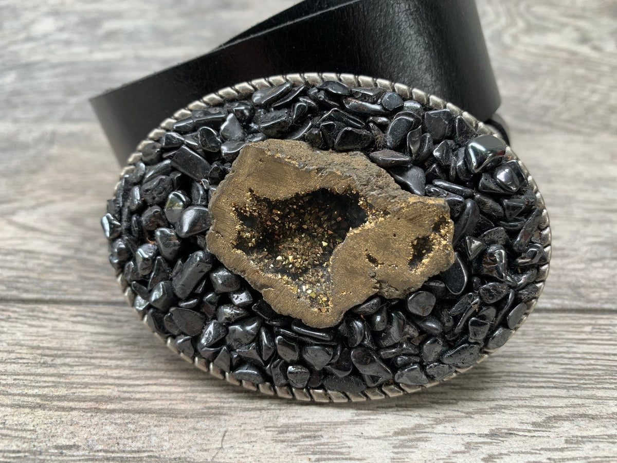 Hematite & Druzy Quartz Belt Buckle: One-of-a-Kind Gemstone Accessory