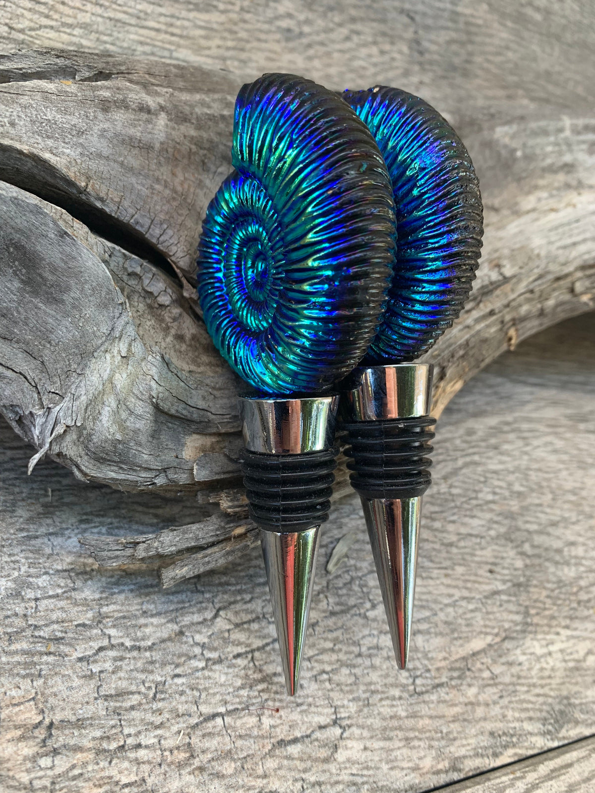 Titanium Aura Ammonite Fossil Wine Stopper: Iridescent Bar Decor