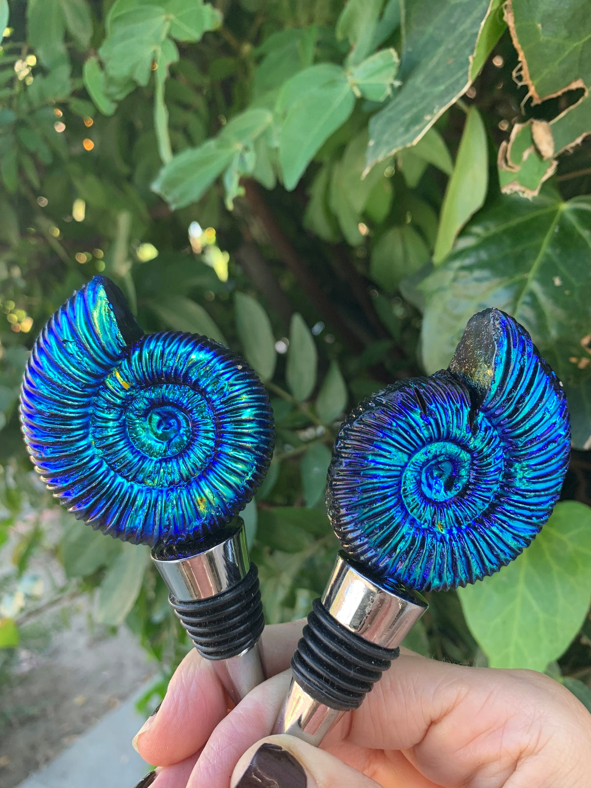 Titanium Aura Ammonite Fossil Wine Stopper: Iridescent Bar Decor