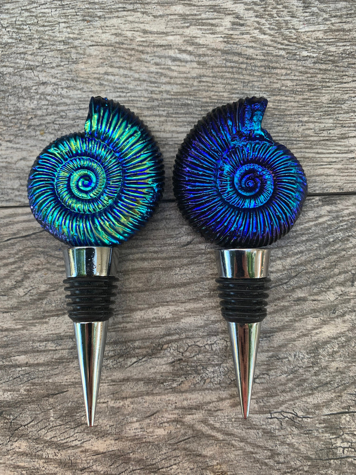 Titanium Aura Ammonite Fossil Wine Stopper: Iridescent Bar Decor