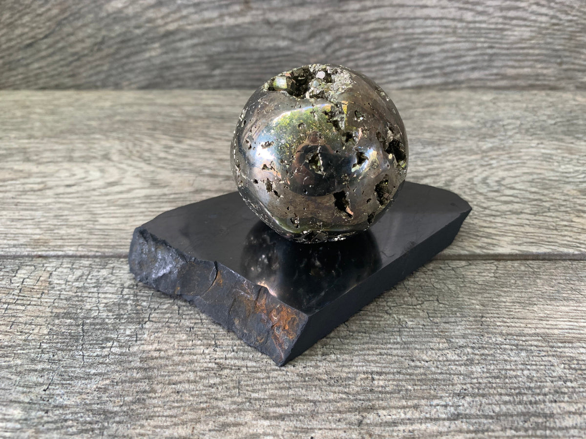 Shungite Sphere Stand, EMF Protection, Grounding Decor