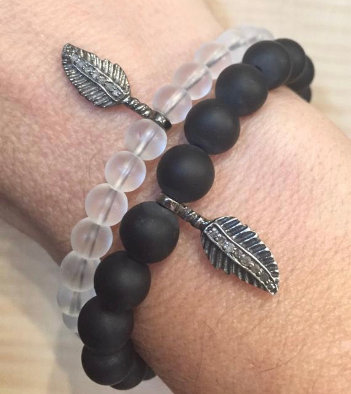Diamond Feather Bracelet: Matte Onyx & Quartz Crystal, Boho Chic