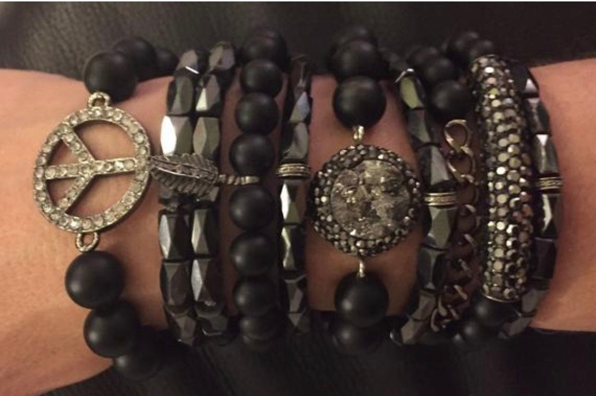 Diamond Feather Bracelet: Matte Onyx & Quartz Crystal, Boho Chic