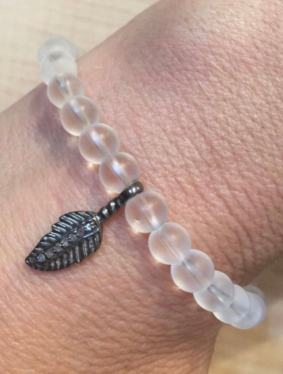 Diamond Feather Bracelet: Matte Onyx & Quartz Crystal, Boho Chic