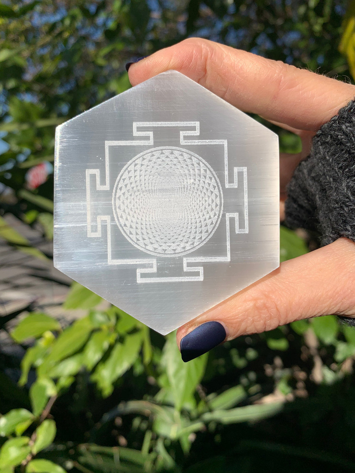 Etched Selenite Hexagon Charging Plate: Sacred Geometry Altar Tool