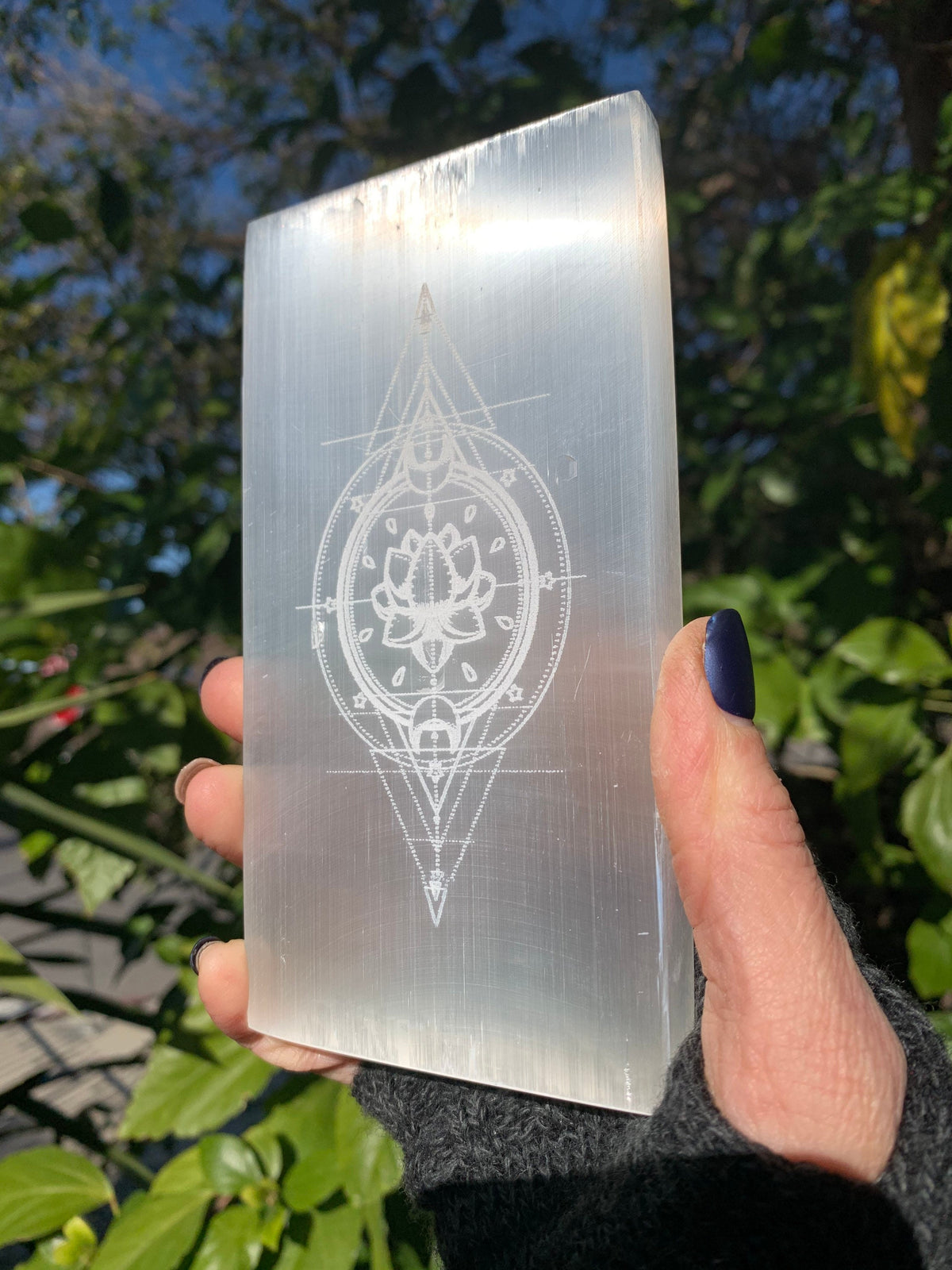 Etched Selenite Charging Plate: Sacred Lotus & Crescent Moon