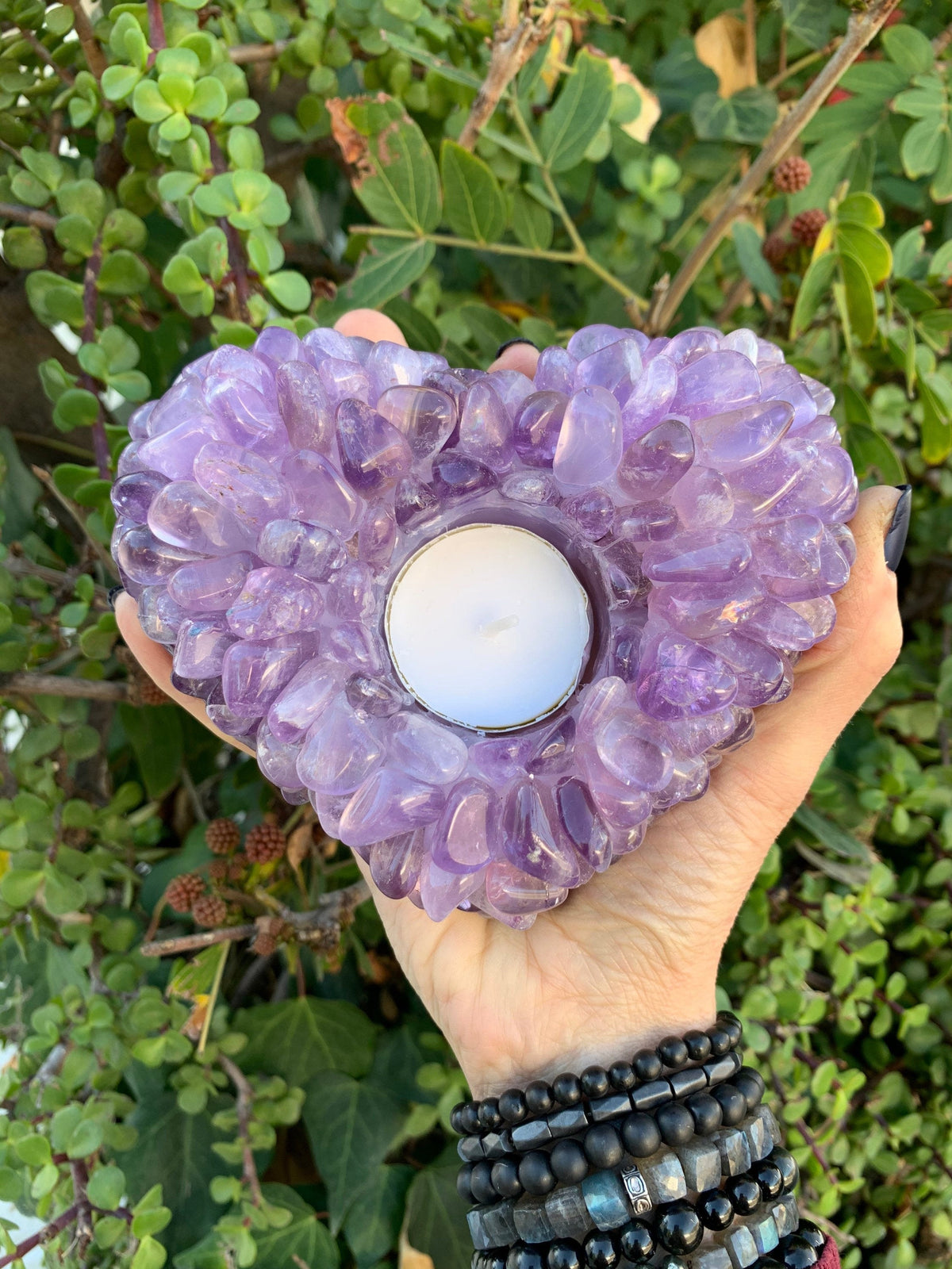 Amethyst Heart Tea Light Holder: Crystal Home Decor