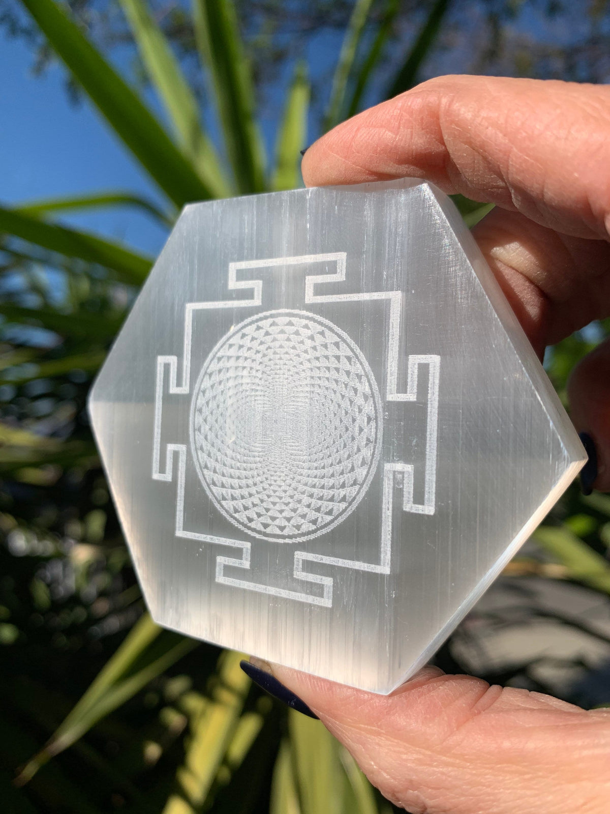Etched Selenite Hexagon Charging Plate: Sacred Geometry Altar Tool