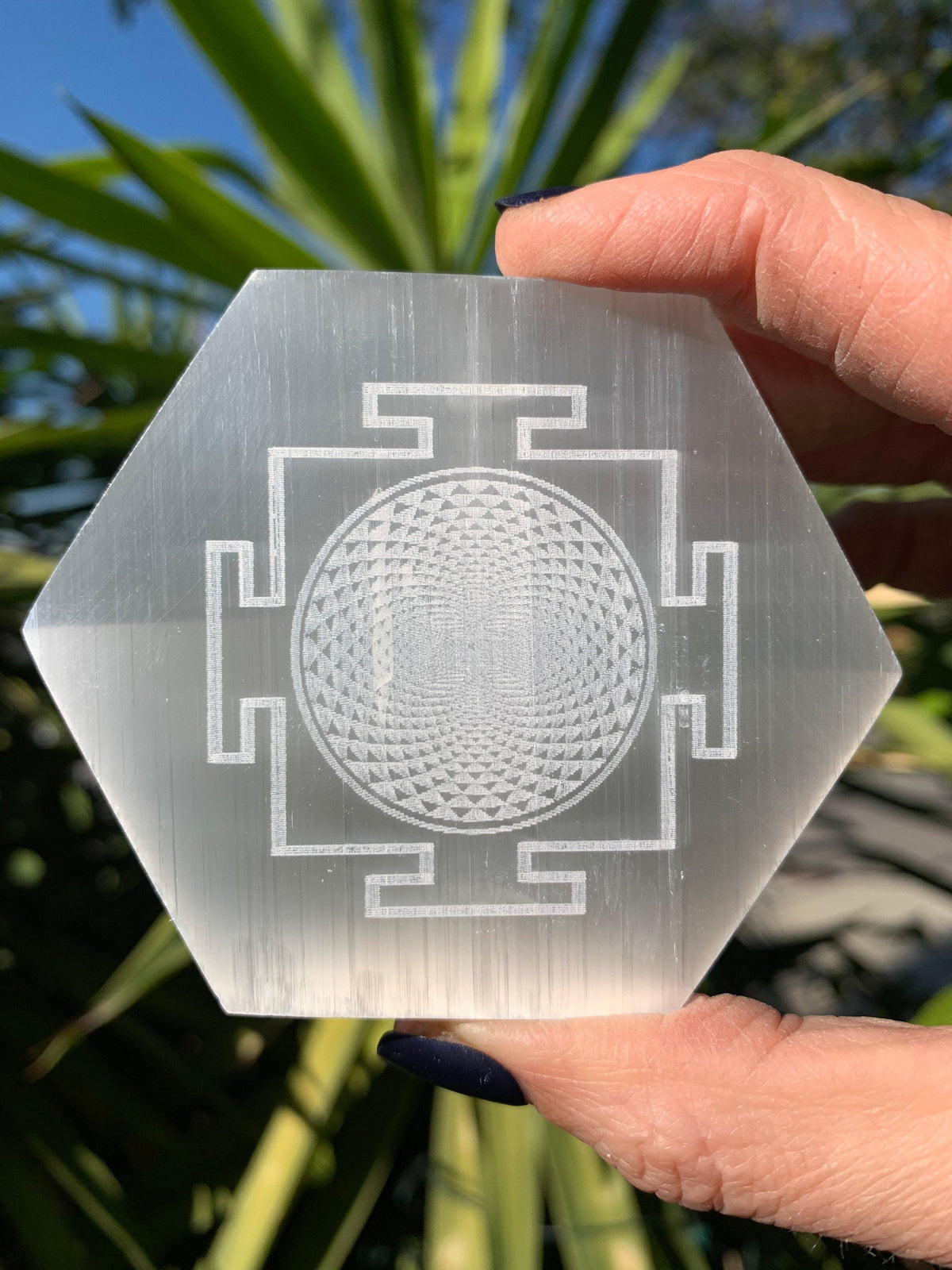 Etched Selenite Hexagon Charging Plate: Sacred Geometry Altar Tool