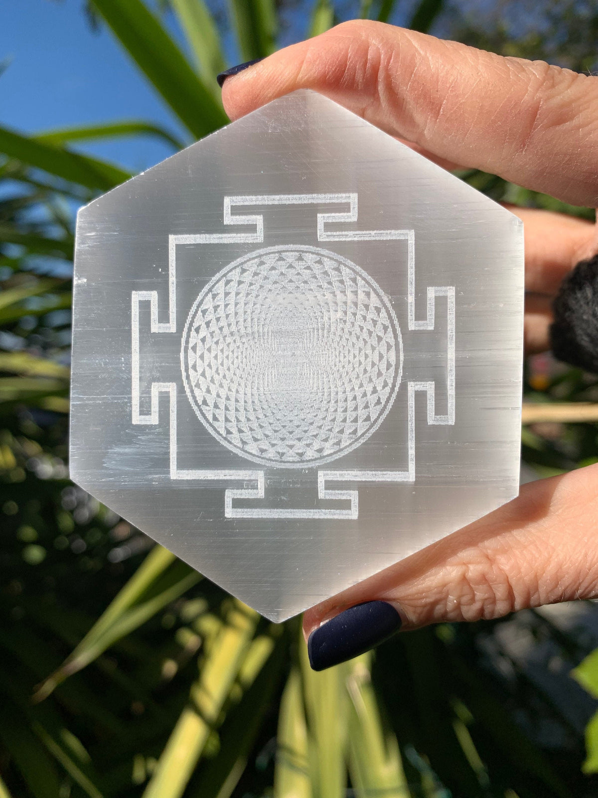 Etched Selenite Hexagon Charging Plate: Sacred Geometry Altar Tool