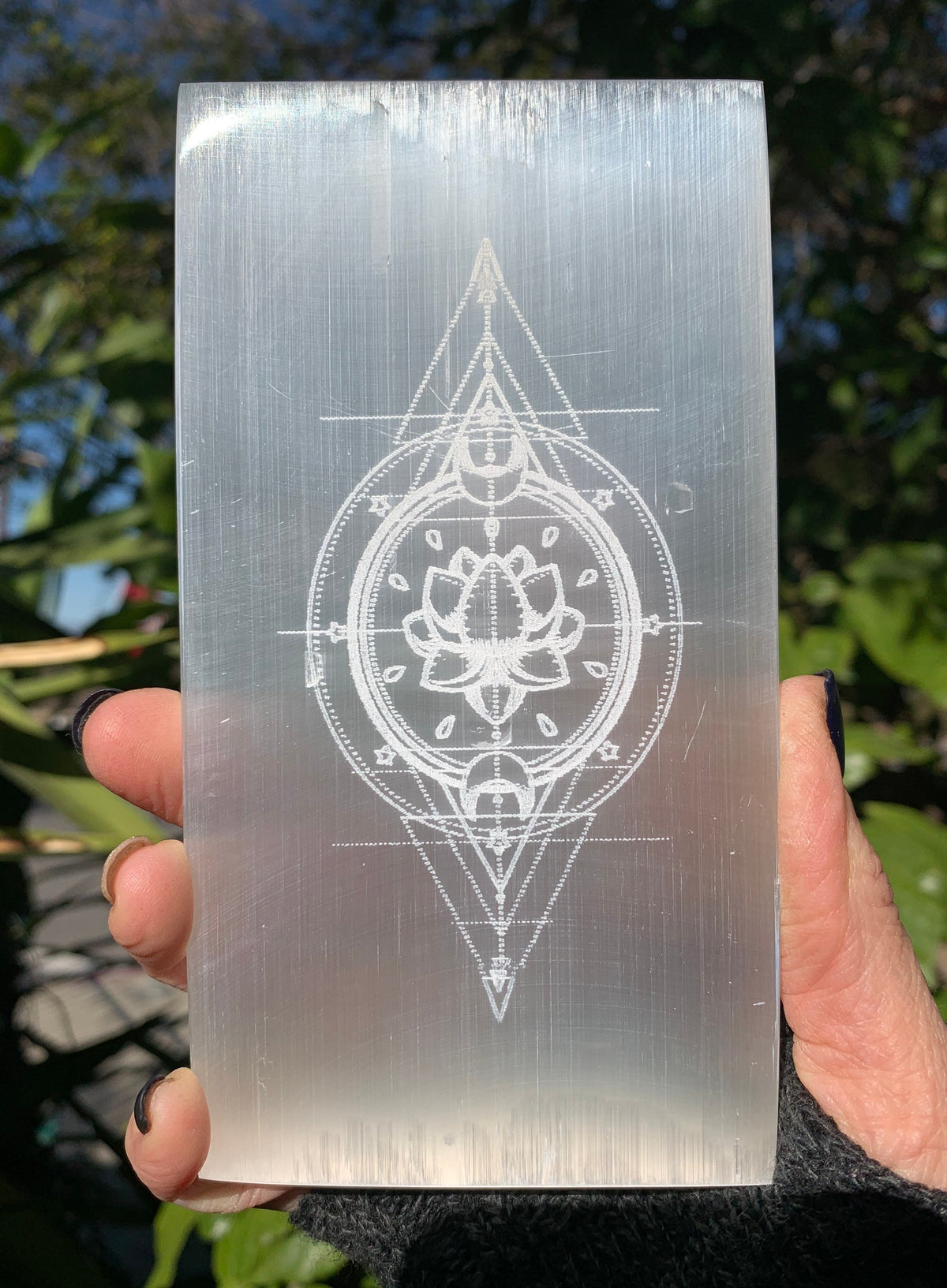 Etched Selenite Charging Plate: Sacred Lotus & Crescent Moon