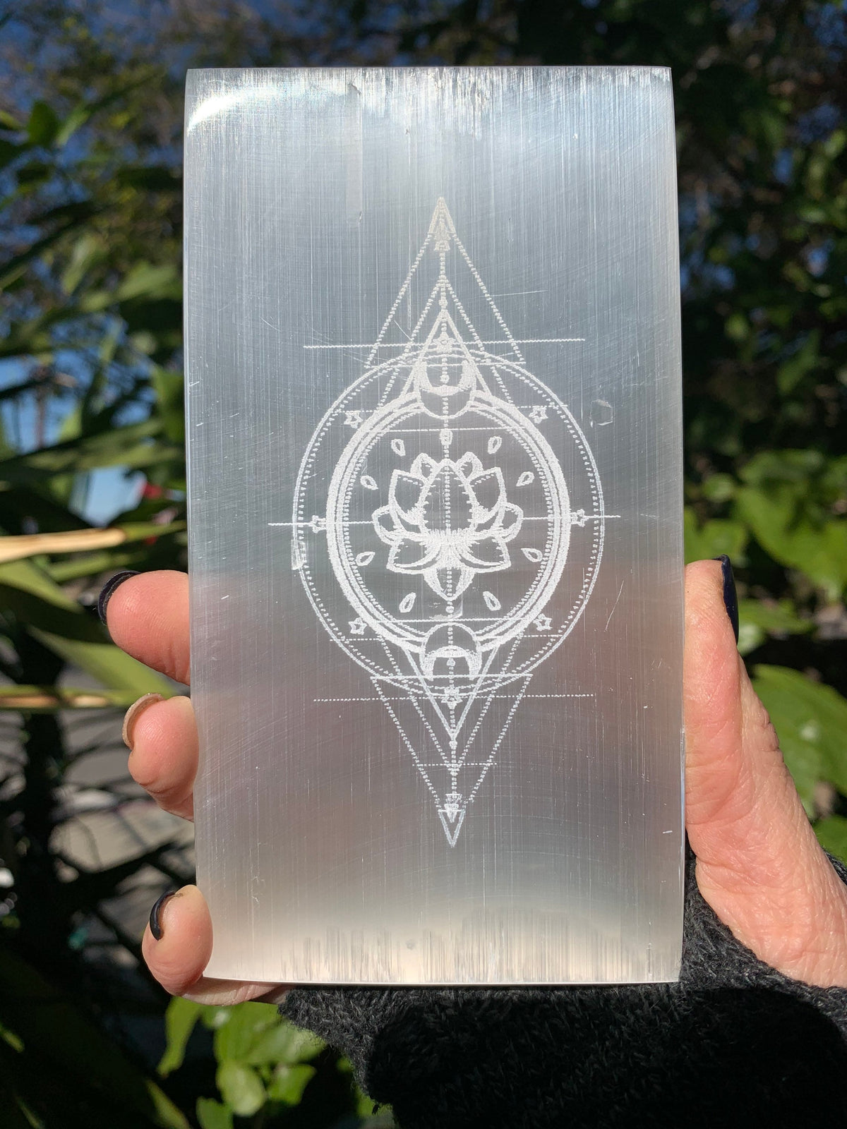 Etched Selenite Charging Plate: Sacred Lotus & Crescent Moon