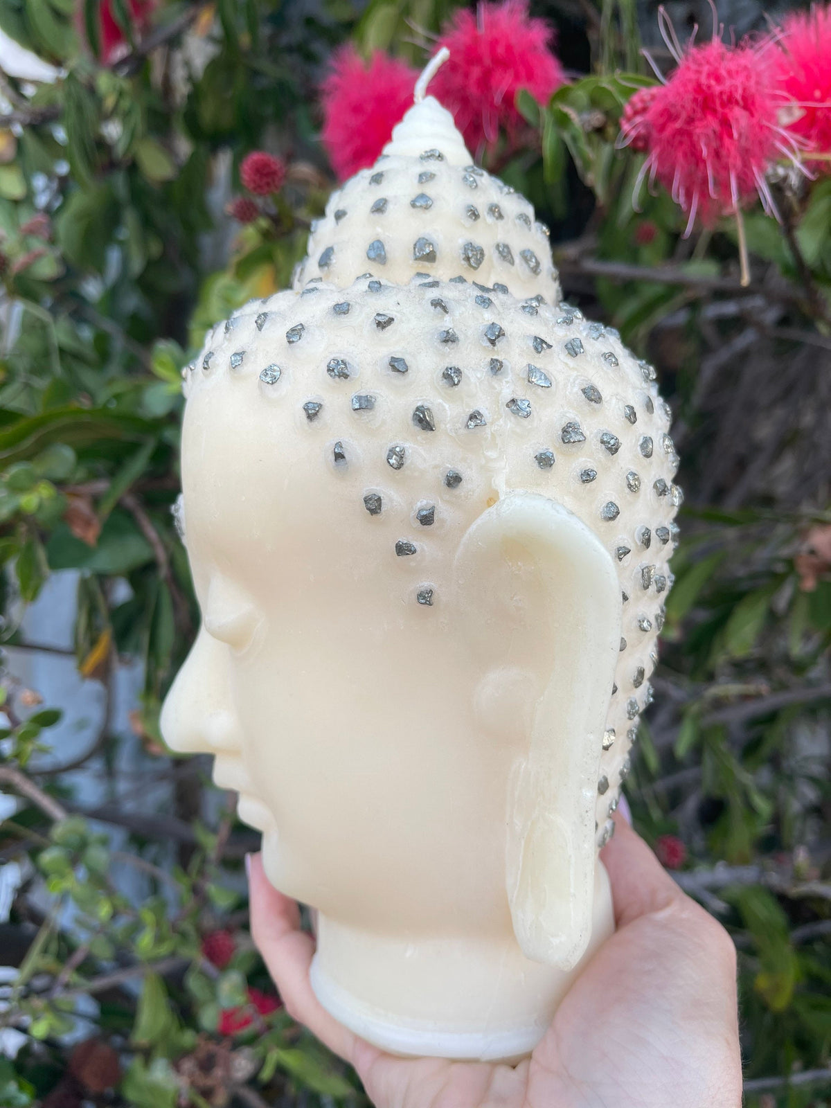 Pyrite Adorned Buddha Head Candle: Luxury Soy Wax Home Decor