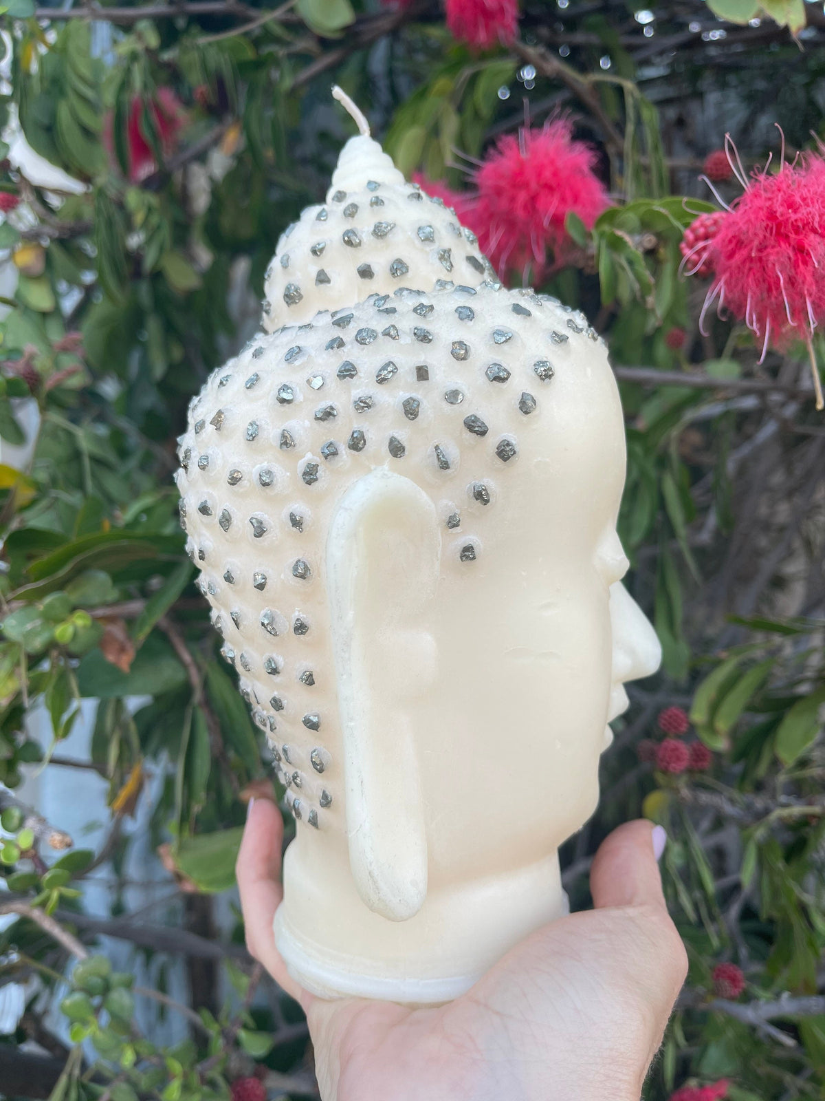 Pyrite Adorned Buddha Head Candle: Luxury Soy Wax Home Decor