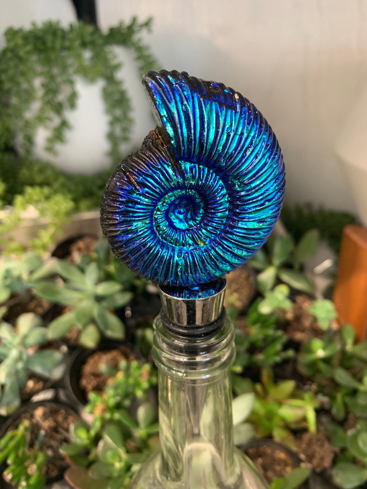 Titanium Aura Ammonite Fossil Wine Stopper: Iridescent Bar Decor