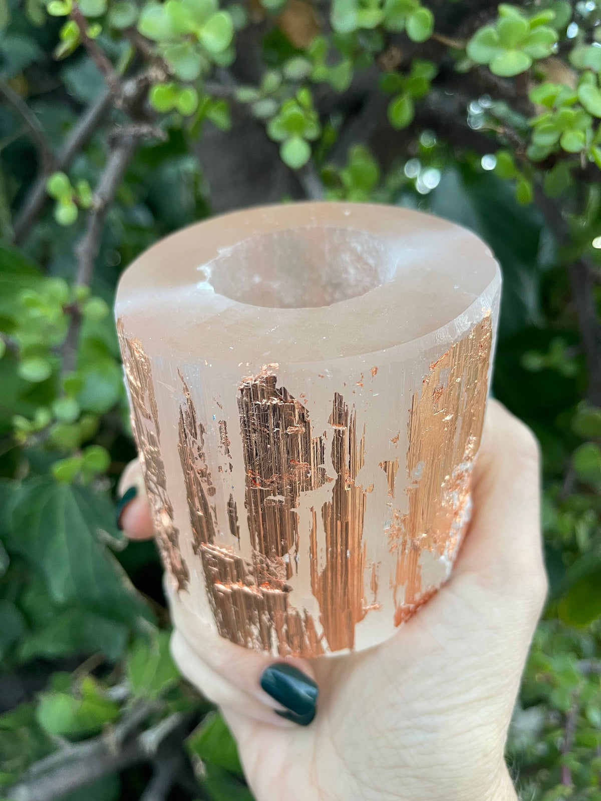 Rose Gold Leaf Selenite Candle Holder: Art Deco Wedding Decor