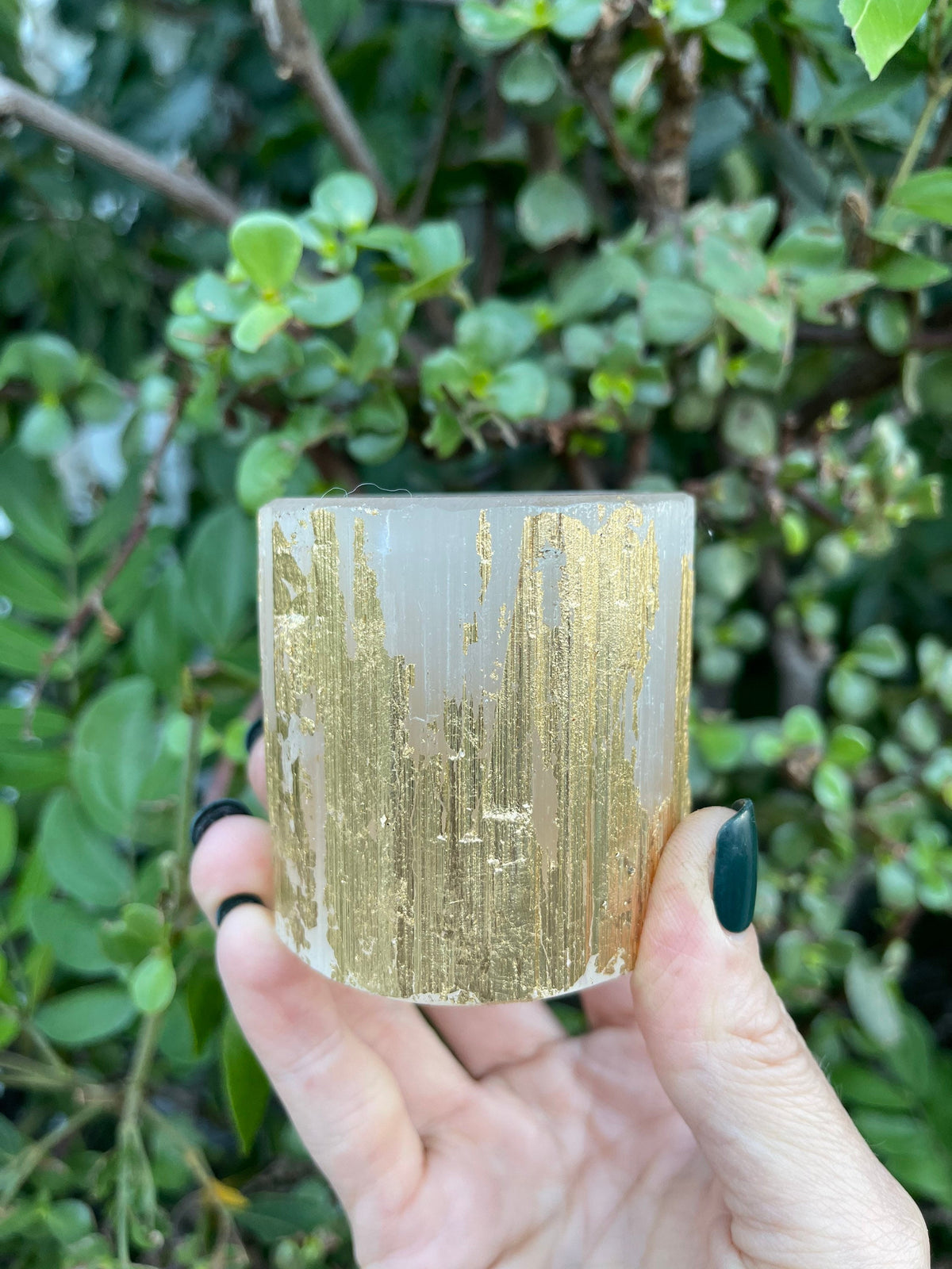 Gold Leaf Selenite Candle Holder: Art Deco Gilded Decor