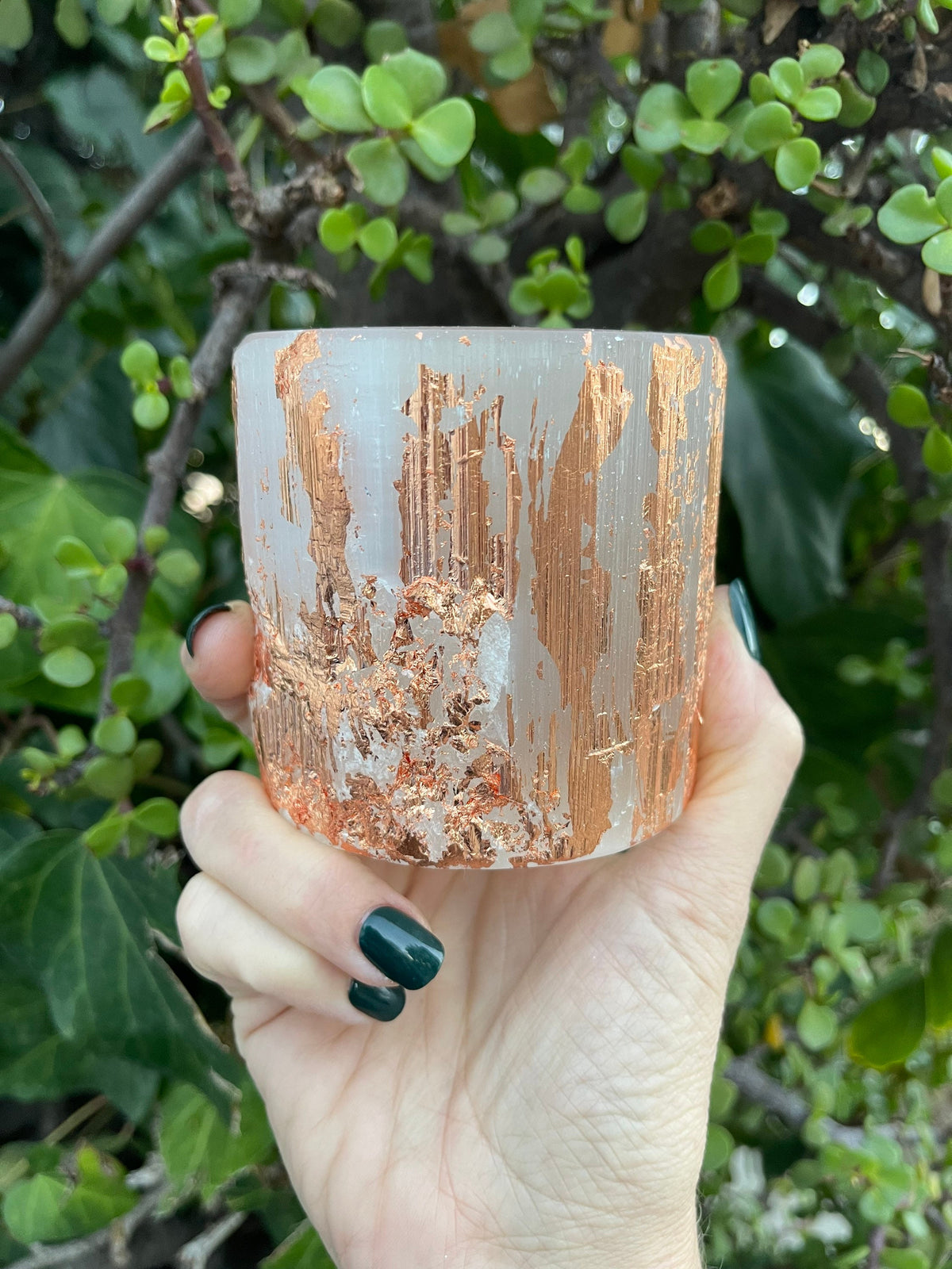 Rose Gold Leaf Selenite Candle Holder: Art Deco Wedding Decor