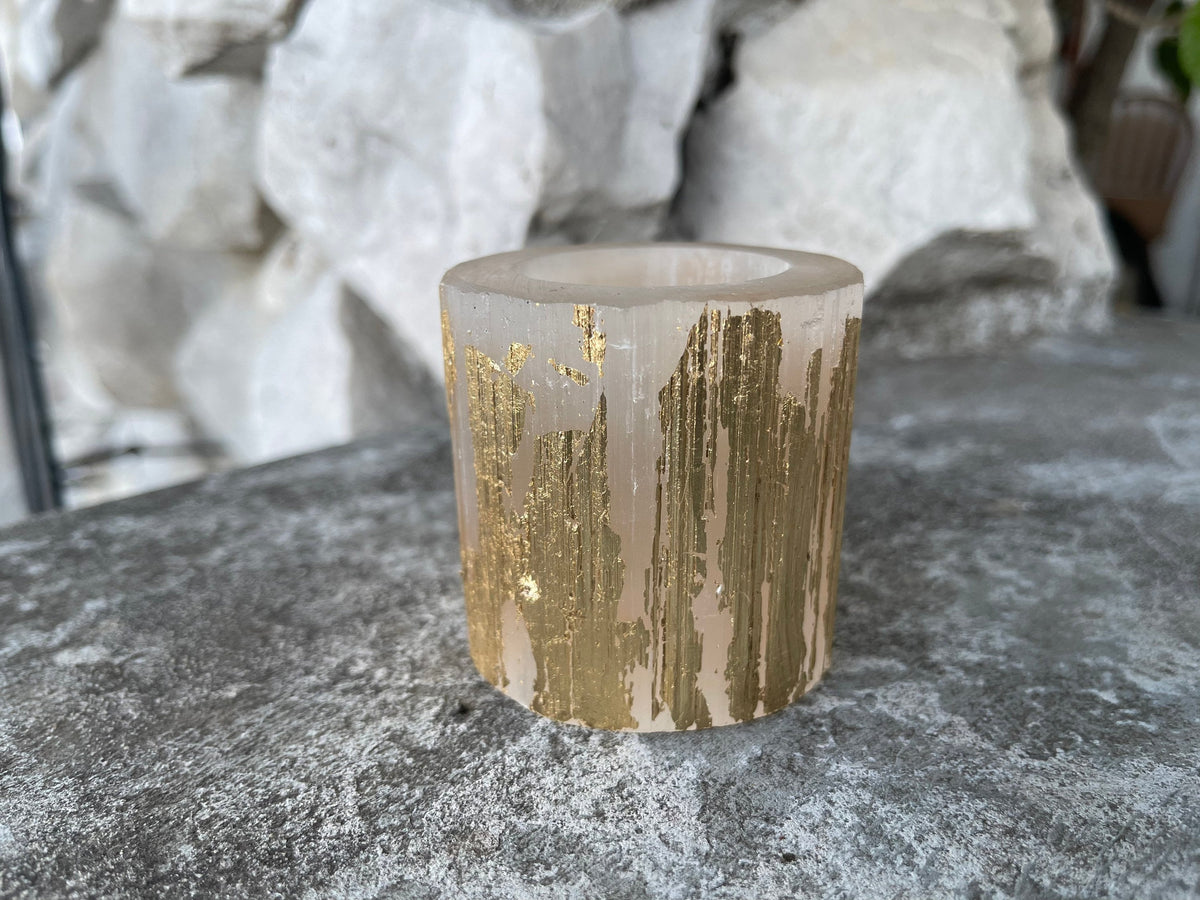 Gold Leaf Selenite Candle Holder: Art Deco Gilded Decor