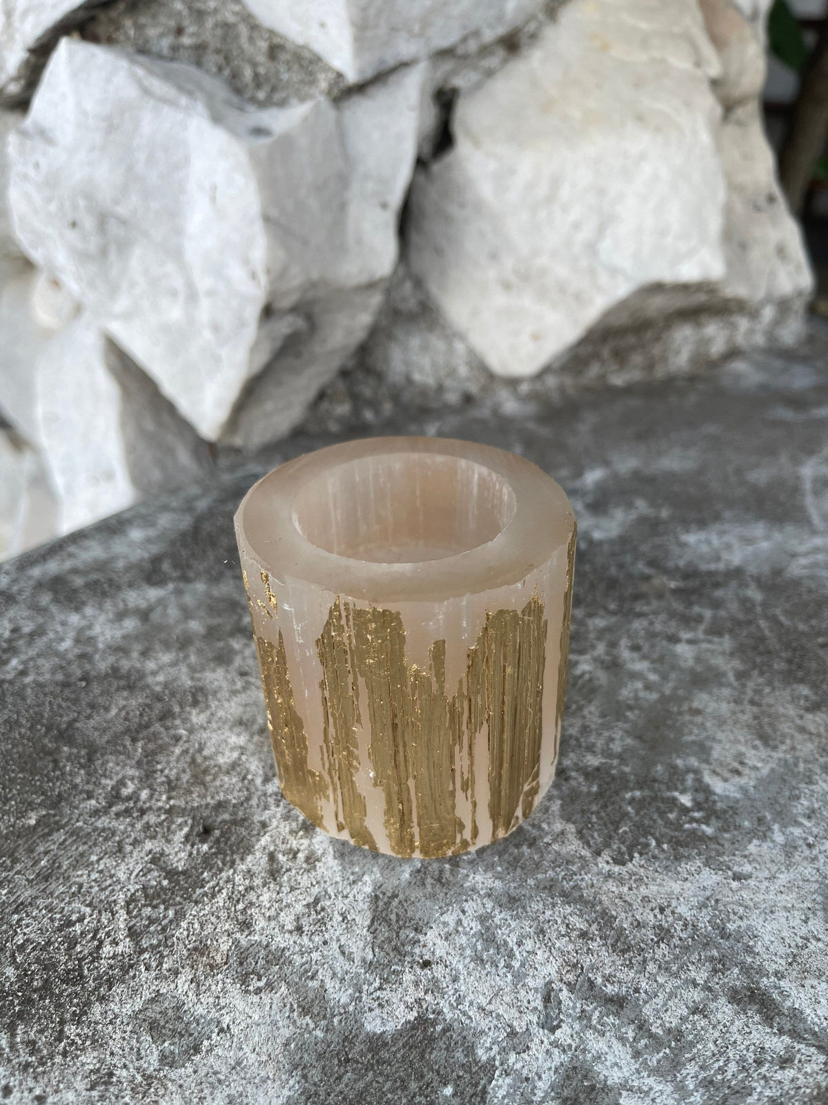Gold Leaf Selenite Candle Holder: Art Deco Gilded Decor