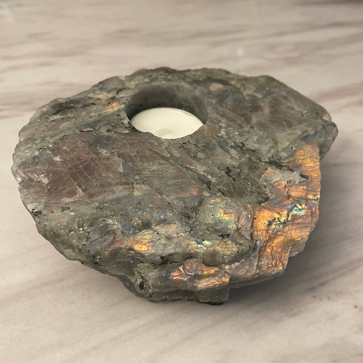 Raw Purple Labradorite Tea Light Holder: Natural Stone Home Decor