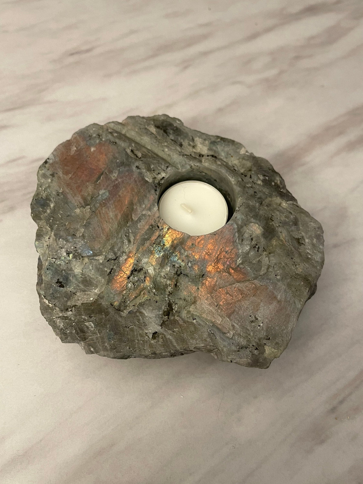 Raw Purple Labradorite Tea Light Holder: Natural Stone Home Decor