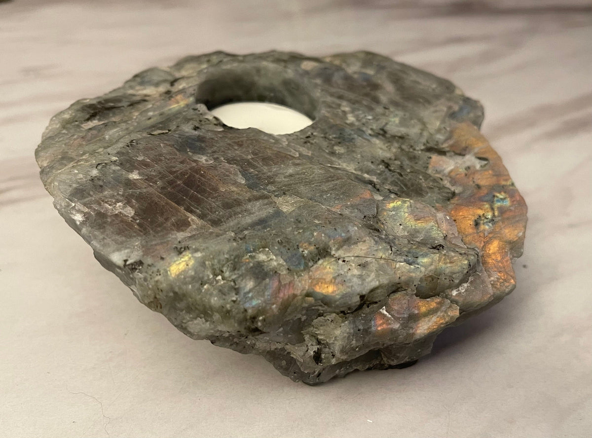 Raw Purple Labradorite Tea Light Holder: Natural Stone Home Decor