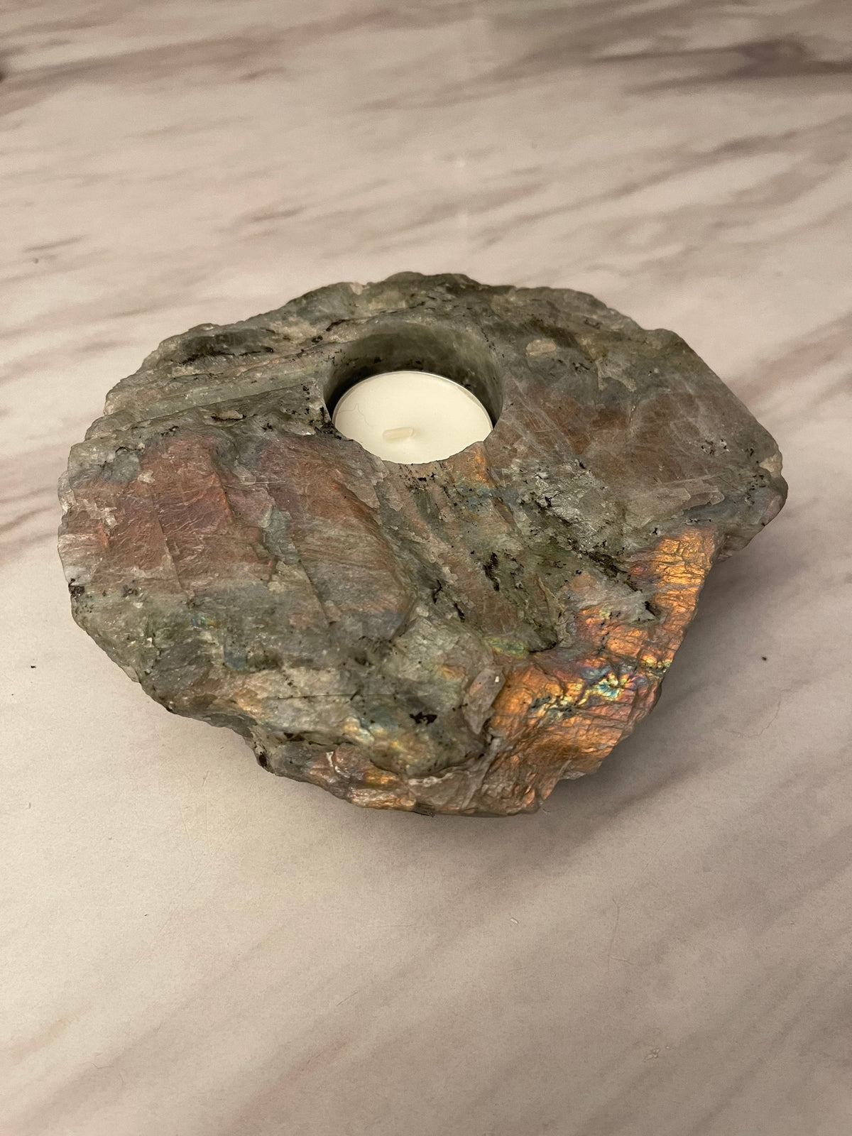Raw Purple Labradorite Tea Light Holder: Natural Stone Home Decor