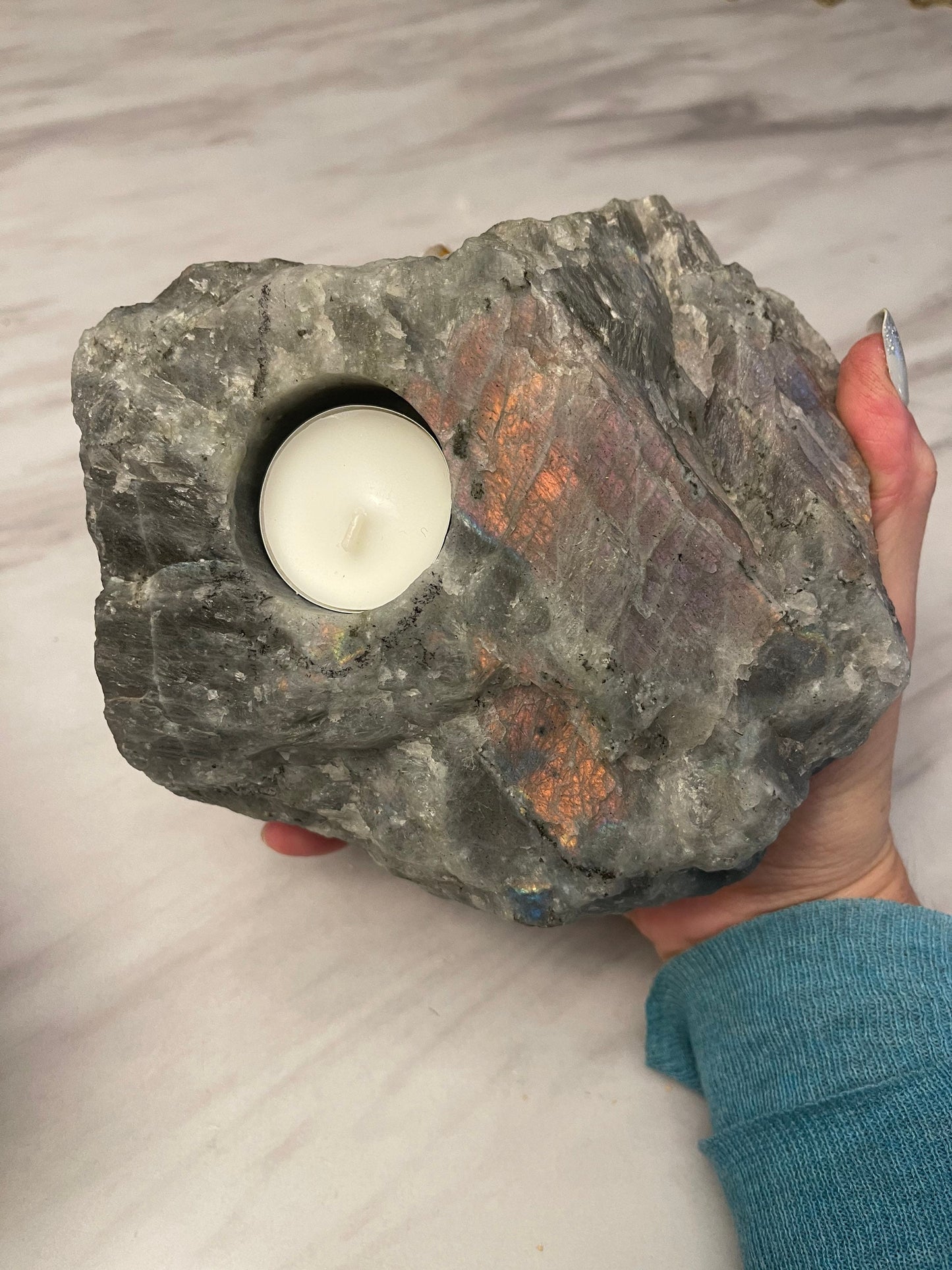 Raw Sunset Labradorite Candle Holder, Crystal Candle Holder Luxury Home Decor, Purple Labradorite tea light holder
