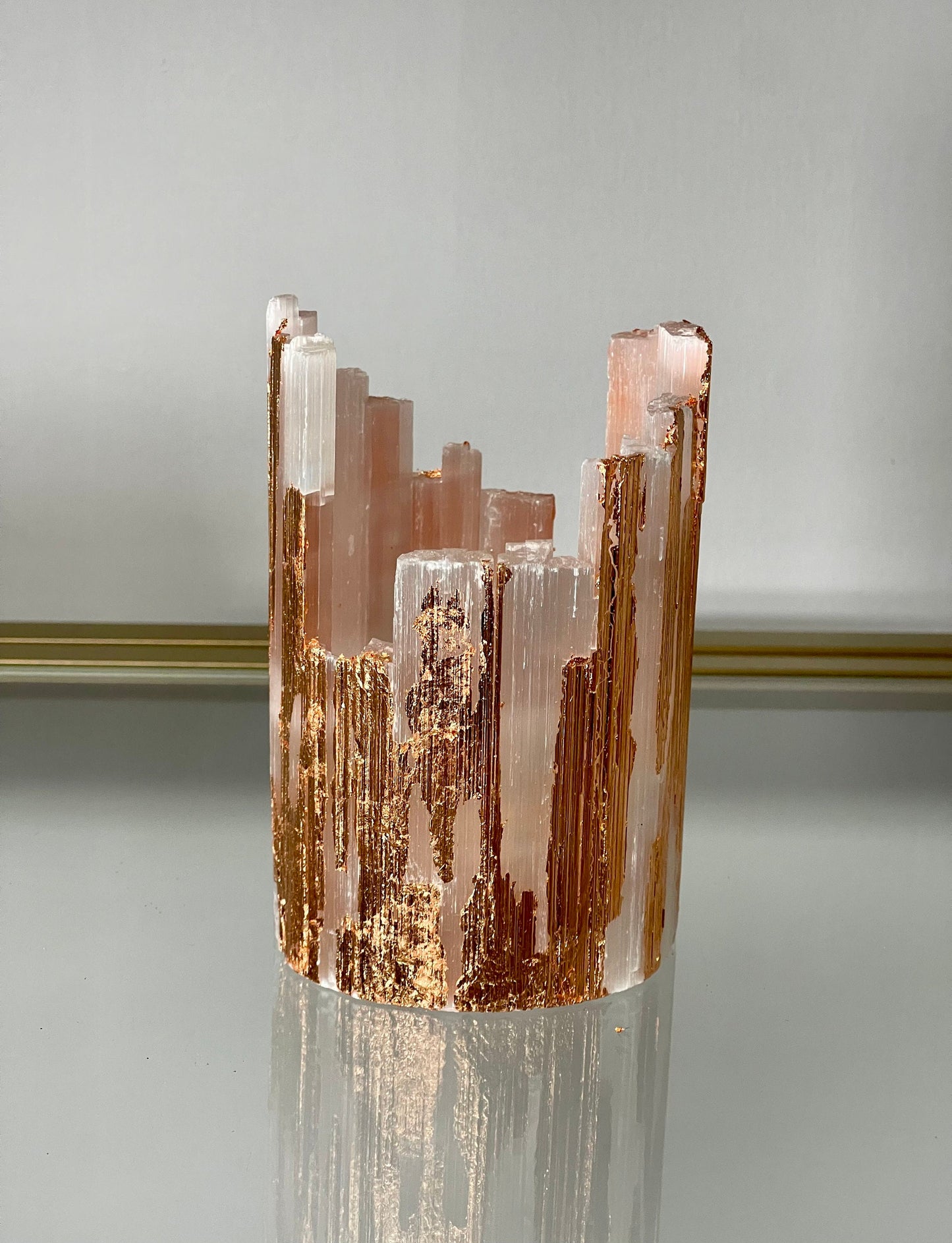 Rose Gold Leaf Selenite Candle Holder: Art Deco Home Decor