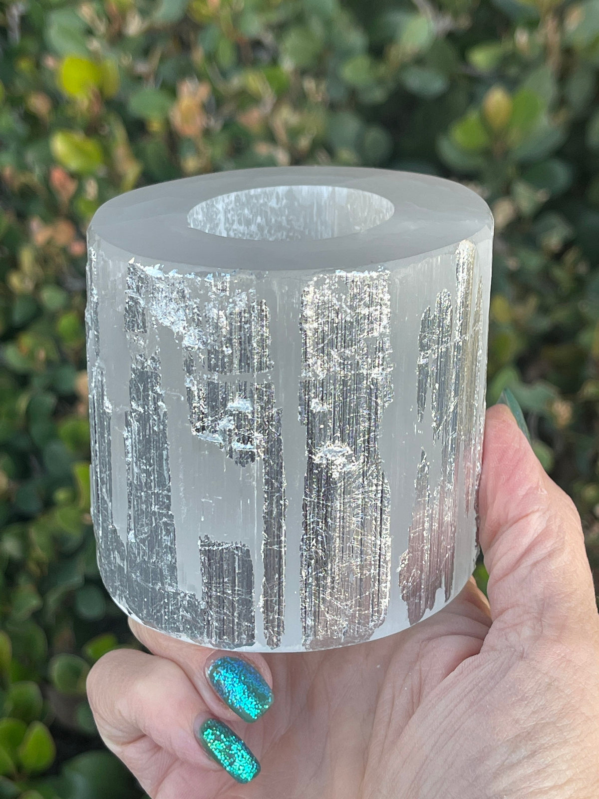 Silver Leaf Selenite Candle Holder: Art Deco Home Decor