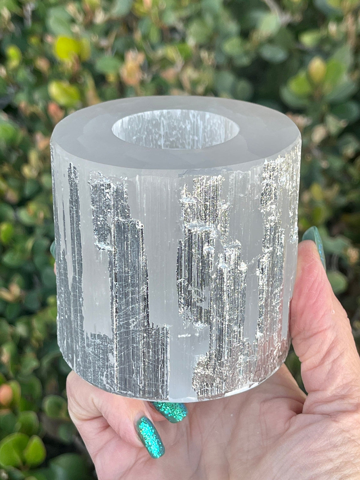 Silver Leaf Selenite Candle Holder: Art Deco Home Decor