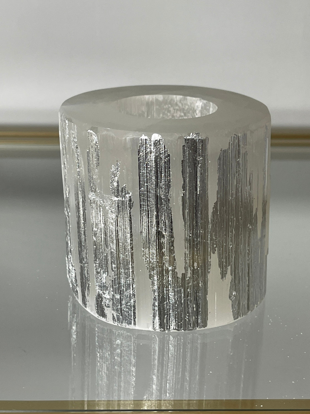 Silver Leaf Selenite Candle Holder: Art Deco Home Decor