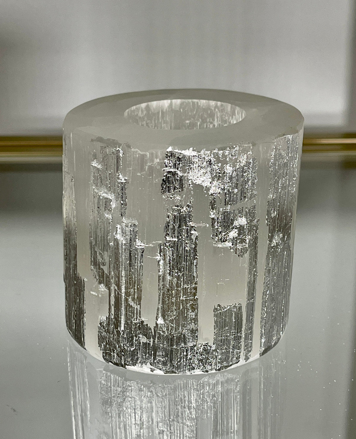 Silver Leaf Selenite Candle Holder: Art Deco Home Decor