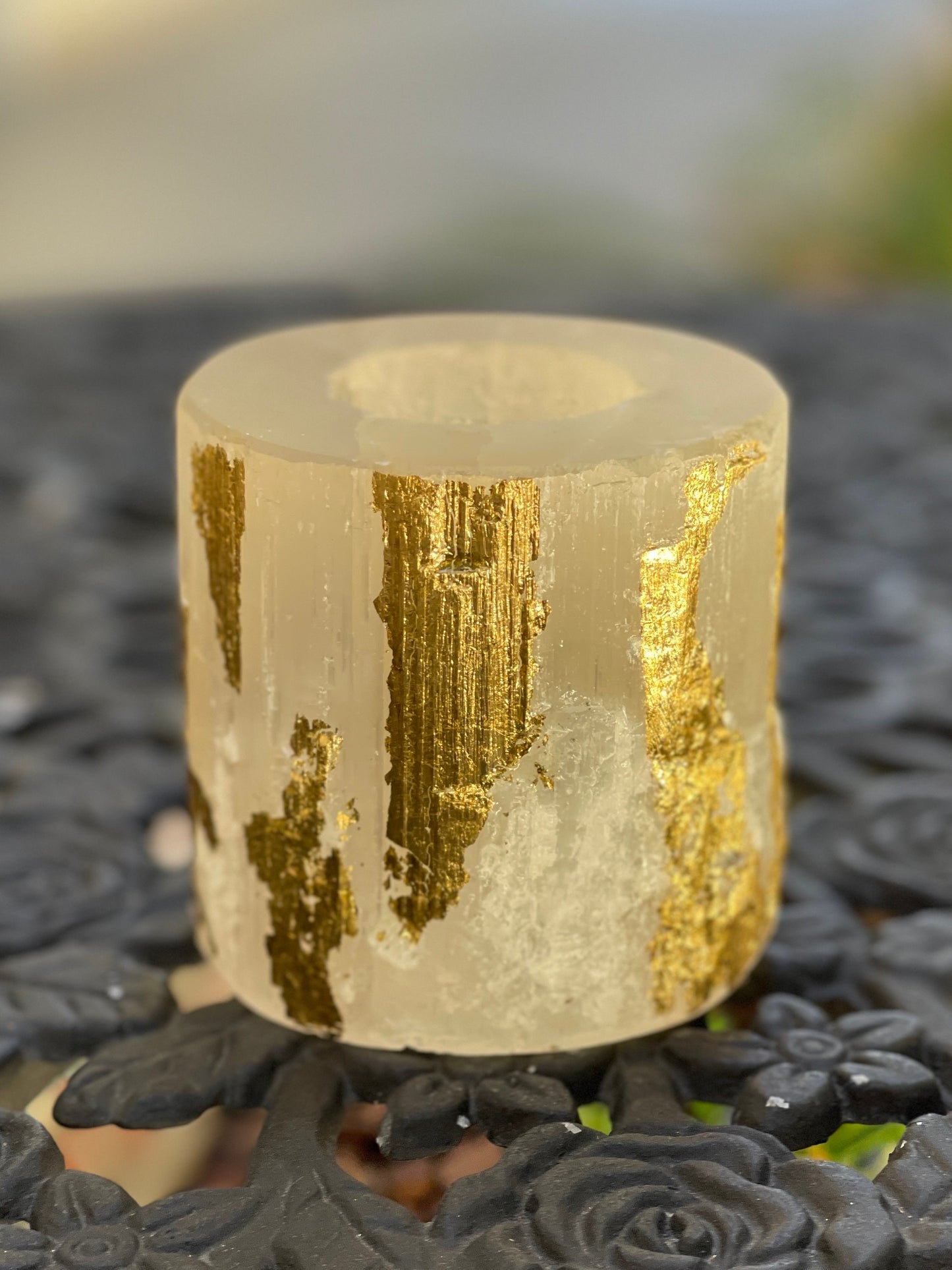 Gold Leaf Selenite Candle Holder, Luxury Candles, Gold Leaf Candles, Home Decor, Gold Decor, Gold Candles, Elegant Tablescape, Unique Candle