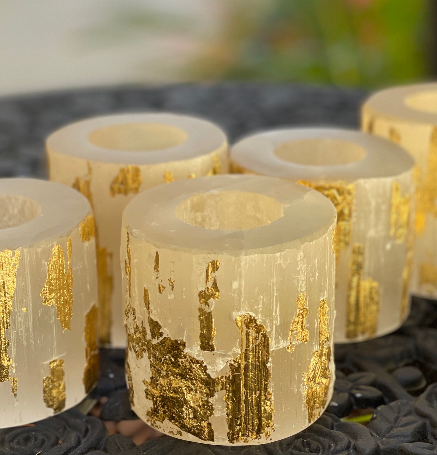 Gold Leaf Selenite Candle Holder, Luxury Candles, Gold Leaf Candles, Home Decor, Gold Decor, Gold Candles, Elegant Tablescape, Unique Candle