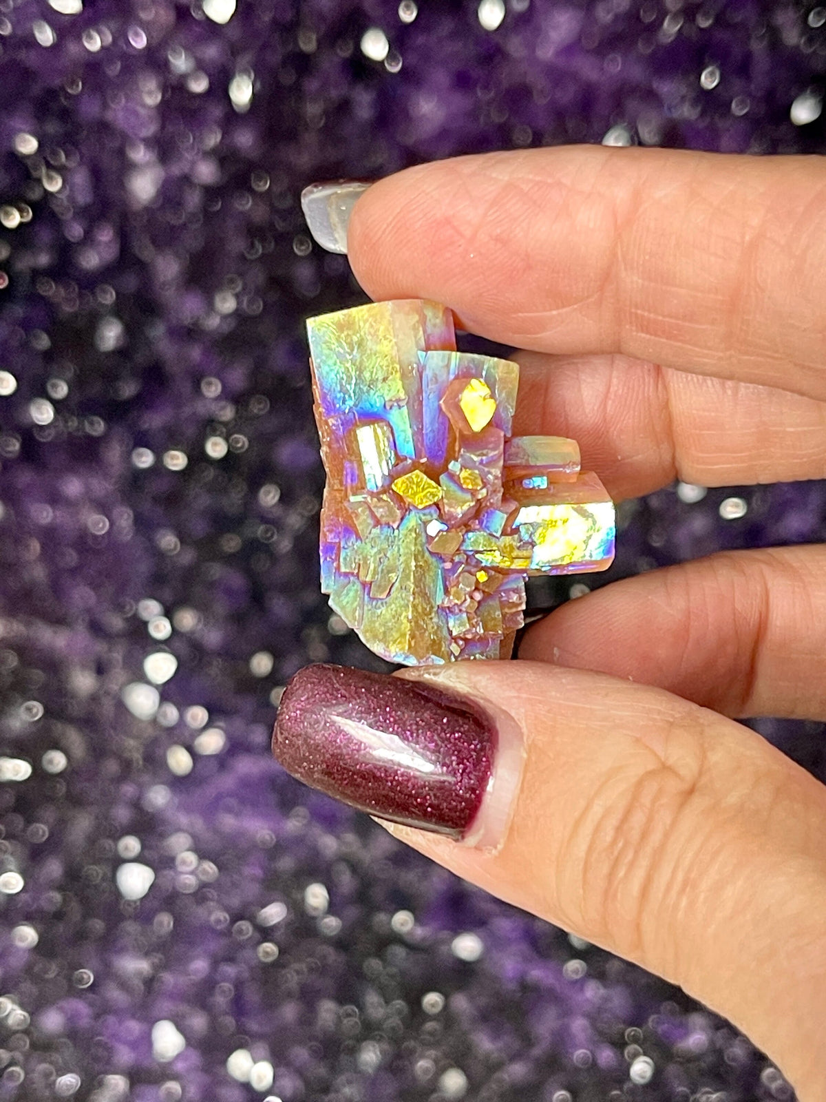 Small Angel Aura Aragonite Star Cluster: Rainbow Coated Crystal