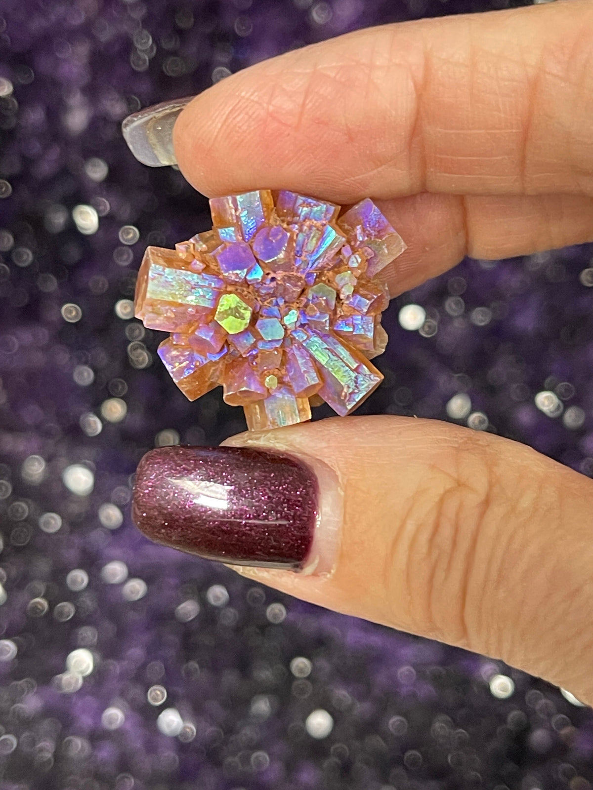 Small Angel Aura Aragonite Star Cluster: Rainbow Coated Crystal