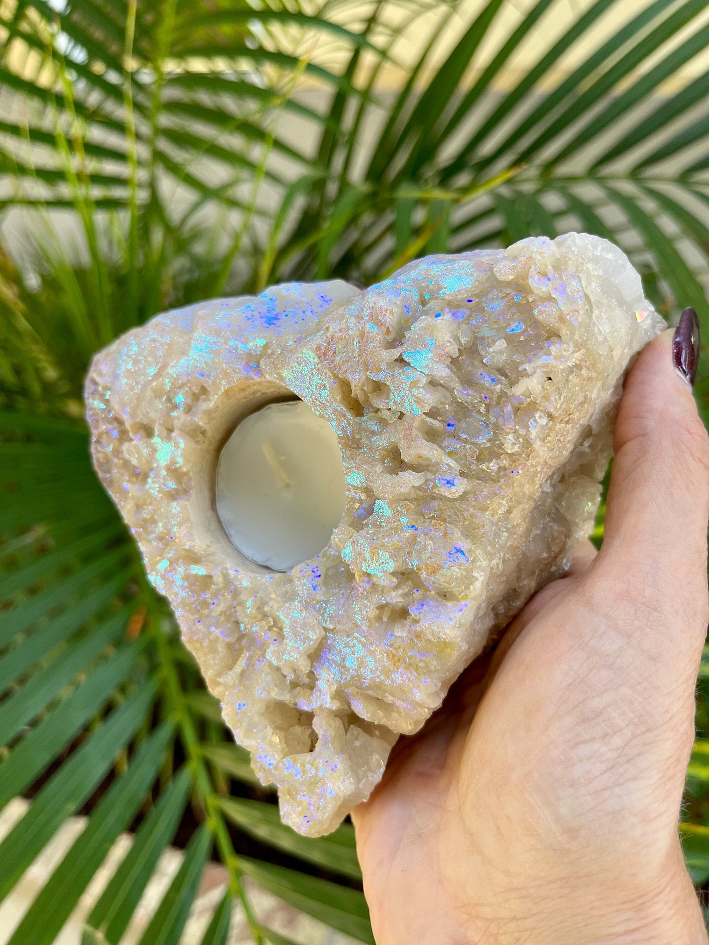 Angel Aura Quartz Candle Holder, Aura Quartz Crystals, Home Decor, Quartz Cluster, Meditation tools, Housewarming gifts