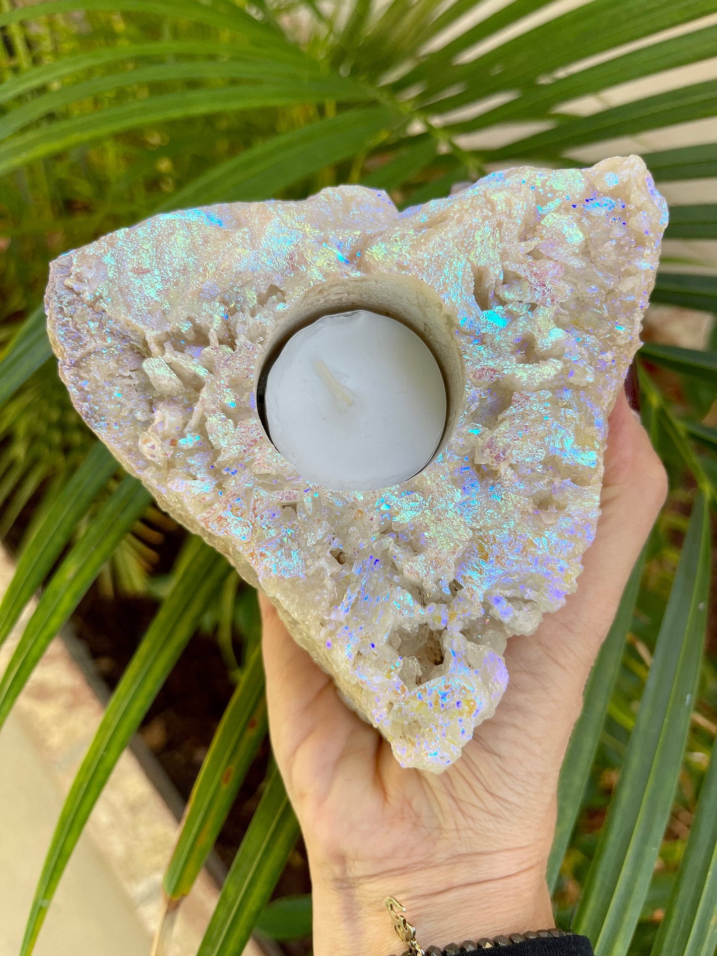 Angel Aura Quartz Candle Holder, Aura Quartz Crystals, Home Decor, Quartz Cluster, Meditation tools, Housewarming gifts