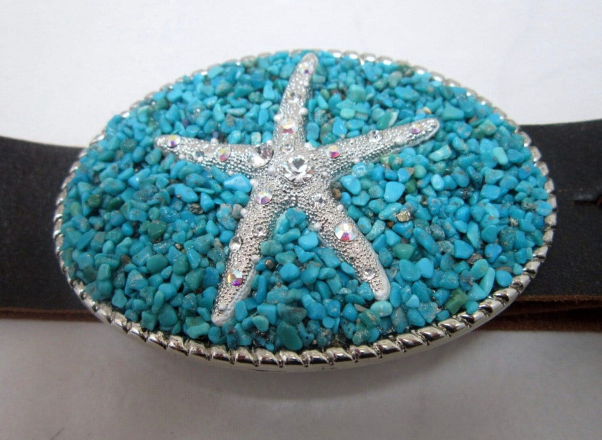Turquoise Starfish Belt Buckle: AB Crystal Designer Snap Belt