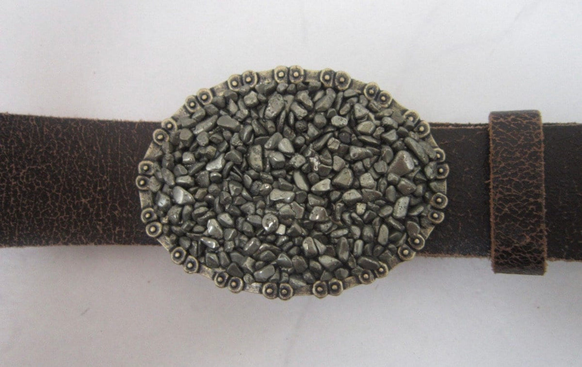 Pyrite Gemstone Belt Buckle: Brass Chain Edge Leather Belt